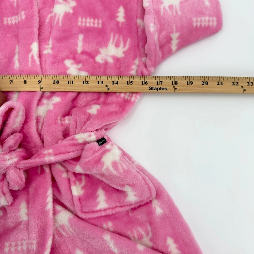 Eddie Bauer Kids Pink Moose Fleece Hooded Robe Size S 7/8 Wilderness PrintBelted